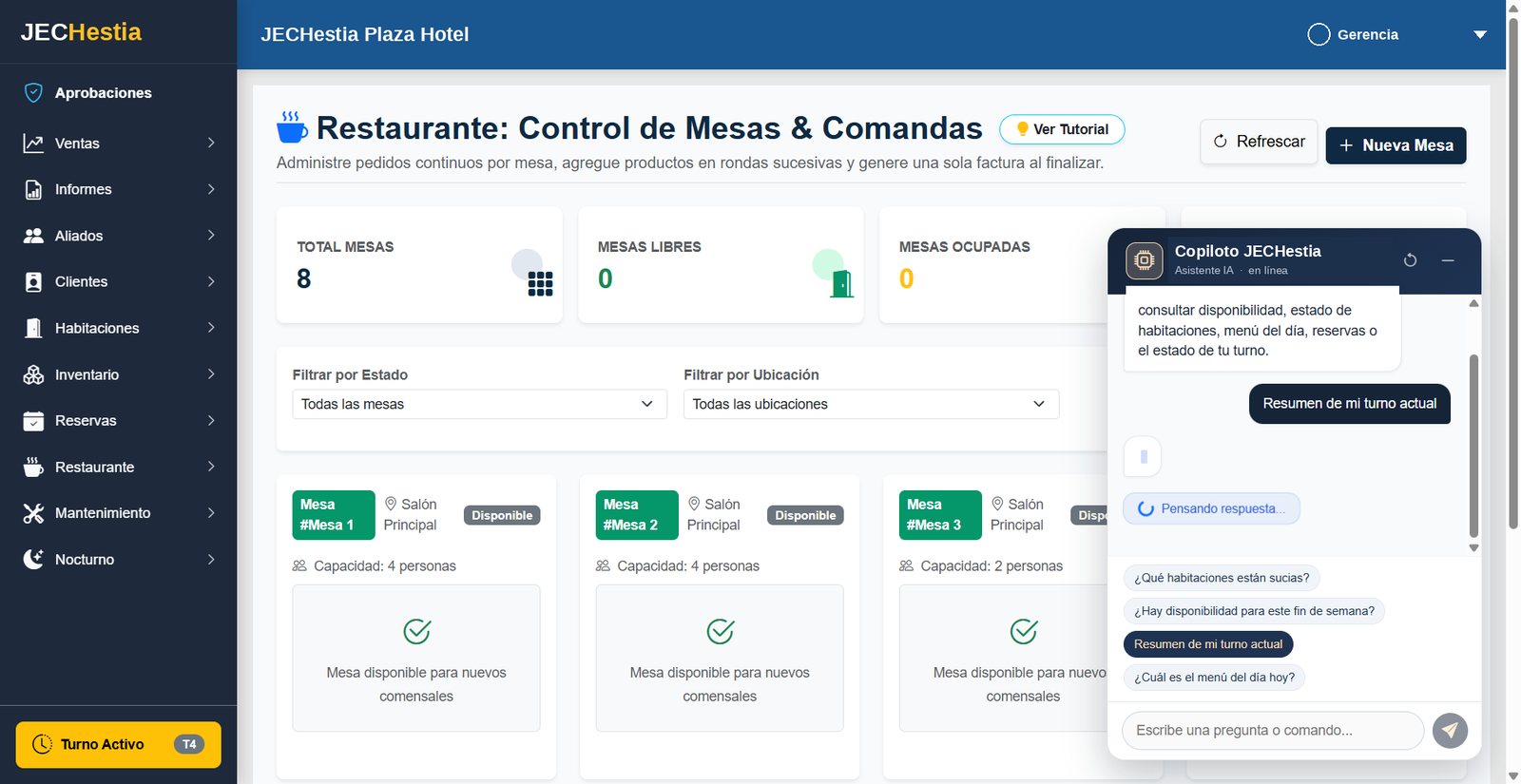 Control de mesas del restaurante y copiloto de IA de JECHestia