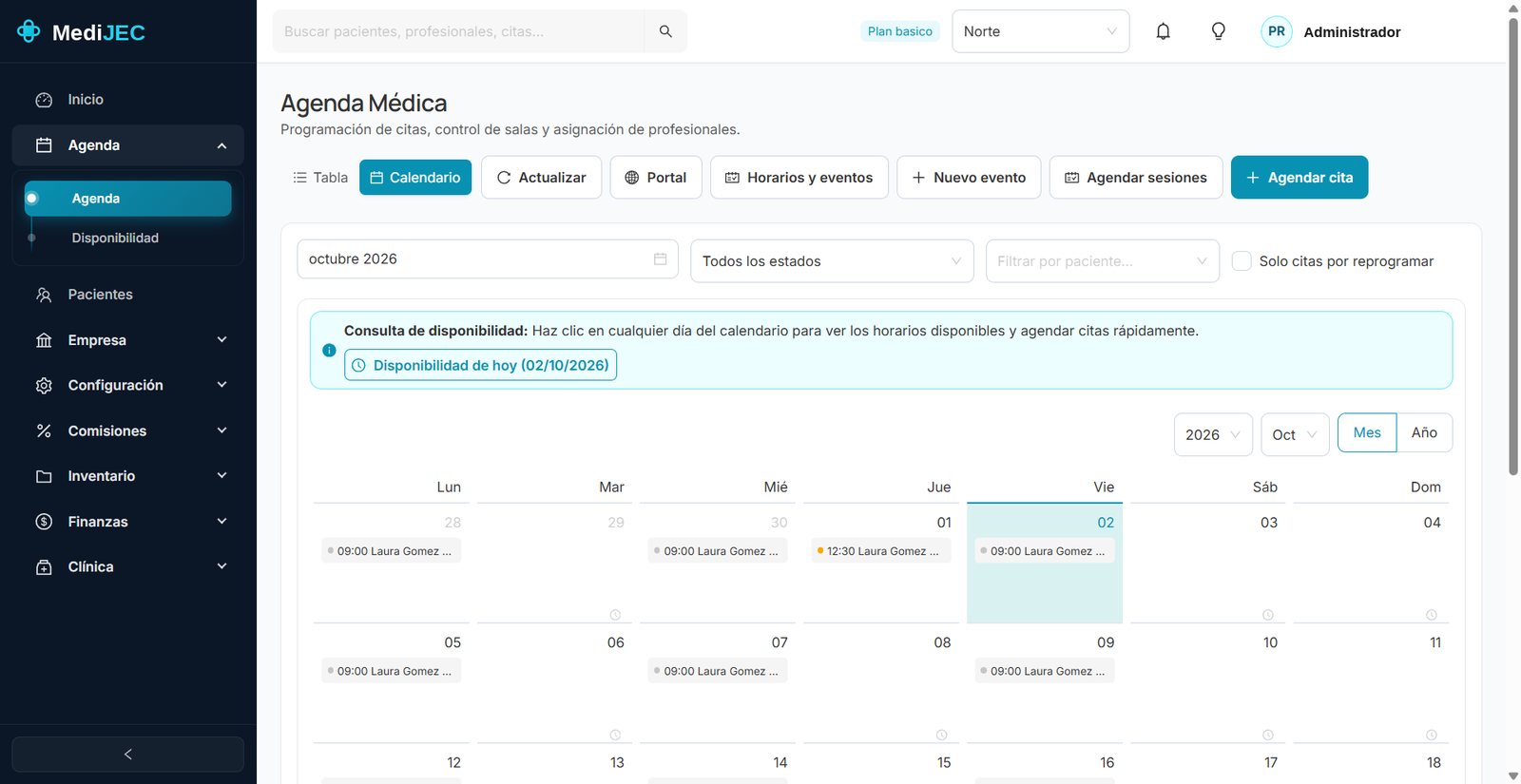 Agenda médica en calendario mensual de MediJEC